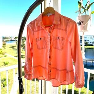 New Directions Coral Peplum Ruffle Hem Hi-Low Western Blouse Button Up, Medium